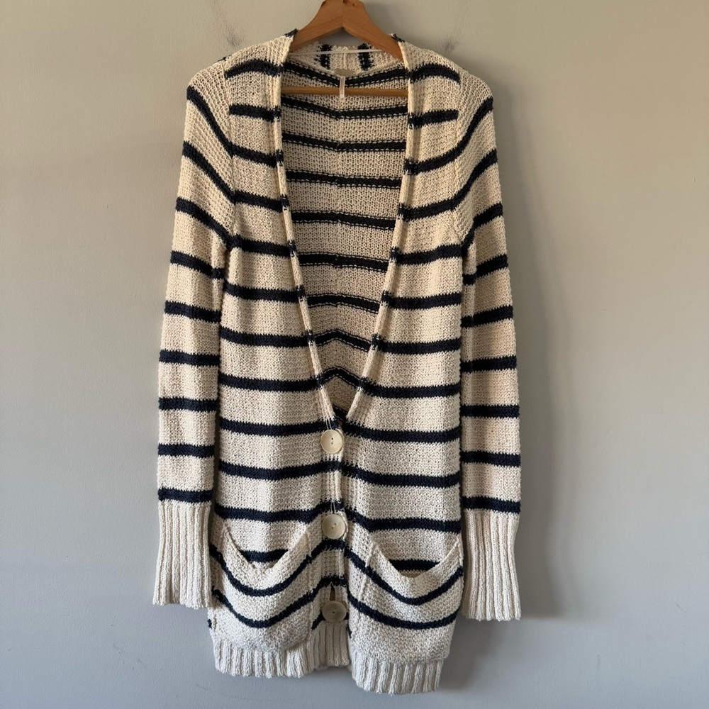 FP Beach Free People Striped Long Sleeve Button Front Long Length Cardigan Sz XS